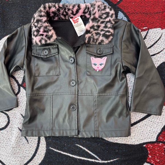 VINTAGE PARK BENCH KIDS BLACK LEOPARD FUR KITTY PATCH JACKET SIZE 3T - Picture 2 of 7